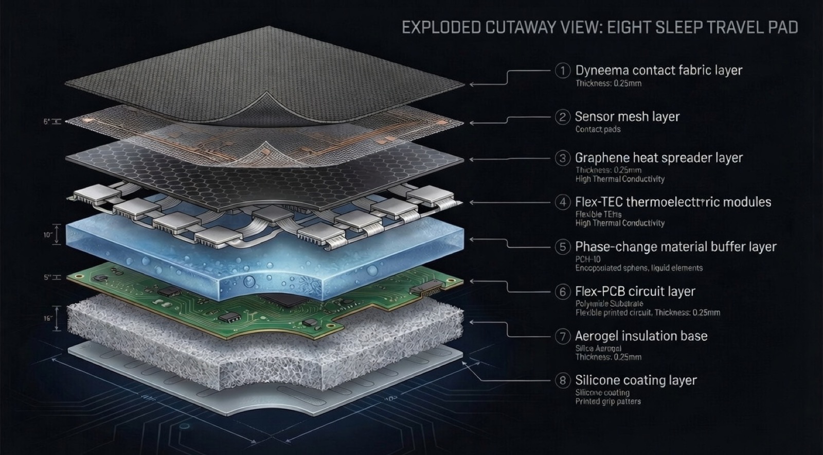 Exploded 8-layer cutaway diagram showing Dyneema contact, sensor mesh, graphene spreader, flex-TEC, PCM buffer, flex-PCB, and aerogel base layers